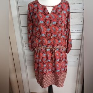 Aina Be Paisley Print Mini Dress or Tunic Top Size Small Tie Gathered Waist Boho